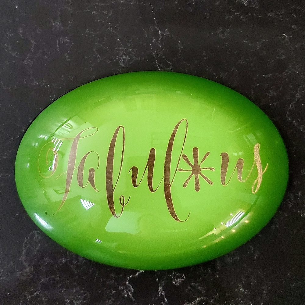 FABULOUS Oval Glass Paperweight Lime Green Gold Script Black Felt Base Desktop